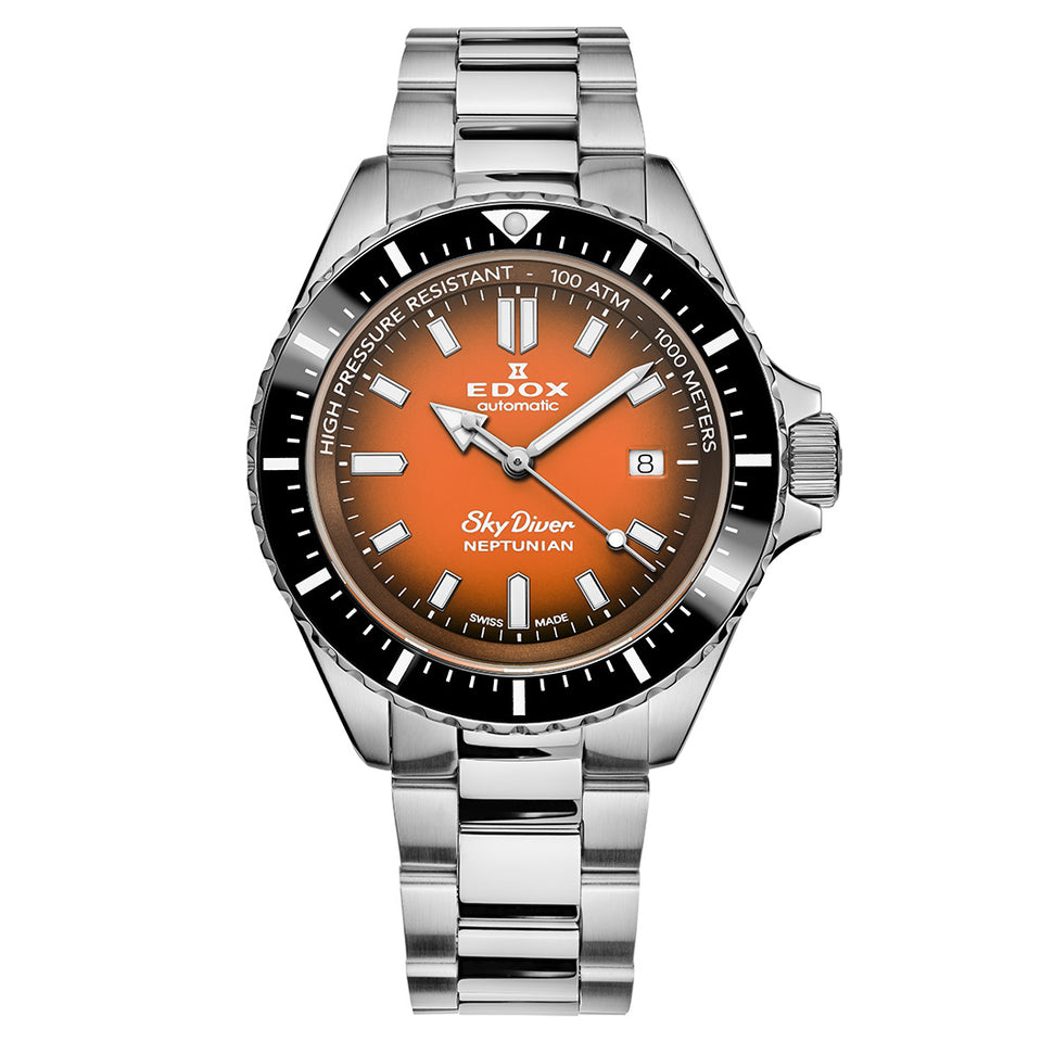Edox Men's Watch Neptunian Sky Diver Automatic Steel Orange 80120 