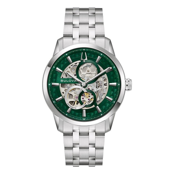 Bulova Men's Automatic Skeleton Watch 40mm Sutton Green Silver