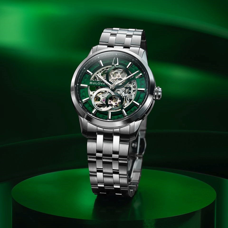 Bulova Men's Automatic Skeleton Watch 40mm Sutton Green Silver