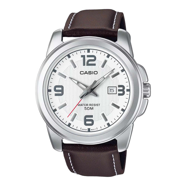 Casio Men's Quartz Date Watch 45mm Silver Brown Leather