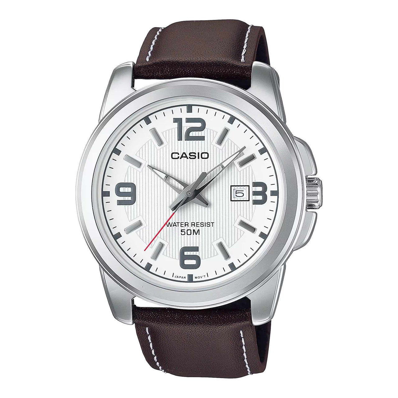 Casio Men's Quartz Date Watch 45mm Silver Brown Leather
