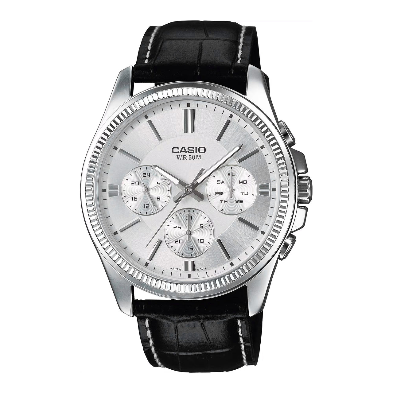 Casio Chrono 42mm Silver Men's Silver Leather Analogue Watch