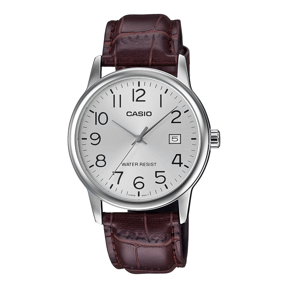 Casio Men's Quartz Date Watch 37mm Silver Brown Leather