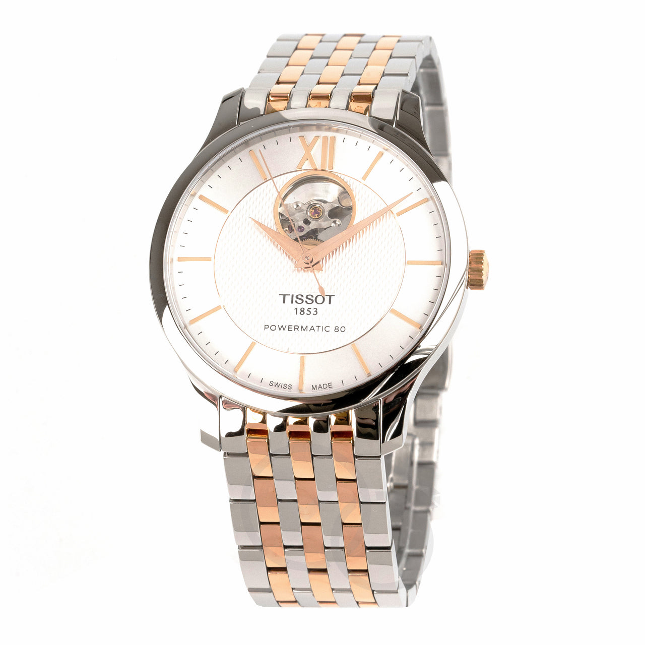 Tissot Men s Watch Tradition Powermatic 80 Open Heart Gold Rose Silver Watches Crystals