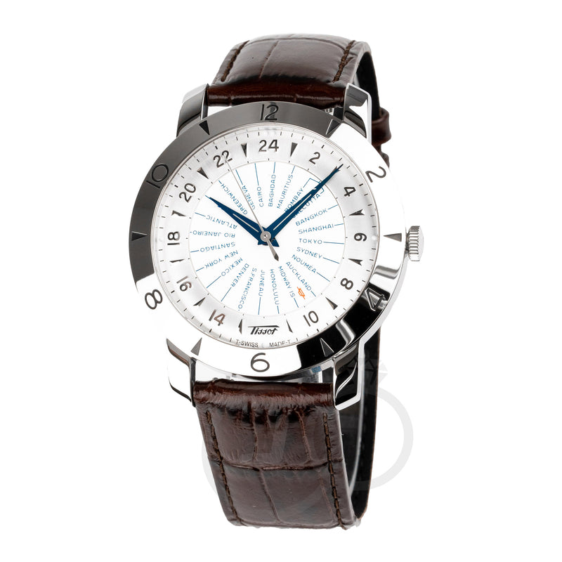 Tissot Heritage Navigator automatic GMT watch with silver dial and brown leather strap