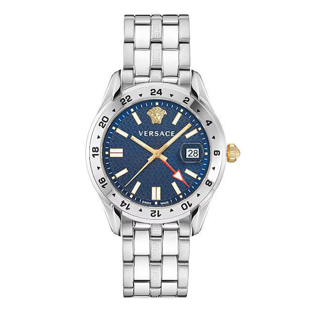 Versace Greca Time men's GMT watch with blue dial and steel bracelet