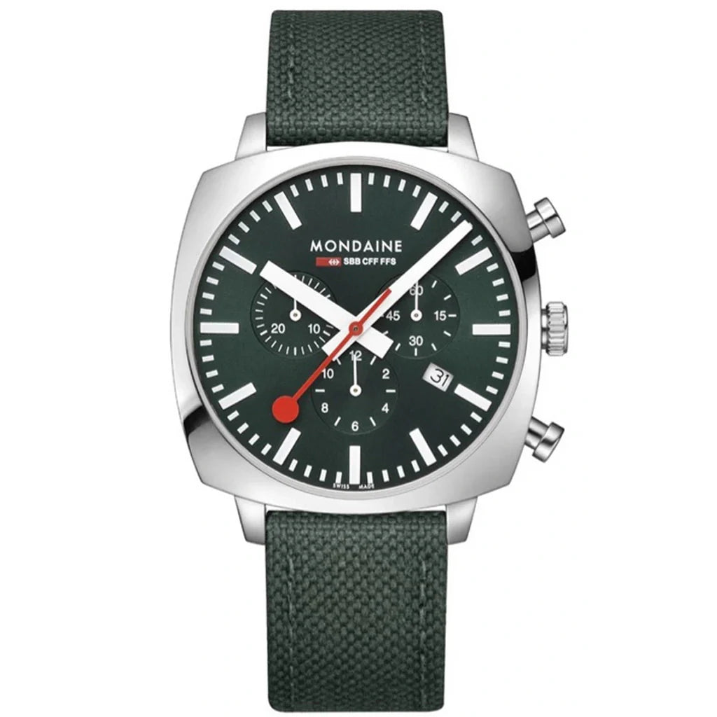 Chronograph Watch - Mondaine Grand Cushion Chrono Square Men's Green Watch MSL.41460.LF.SET