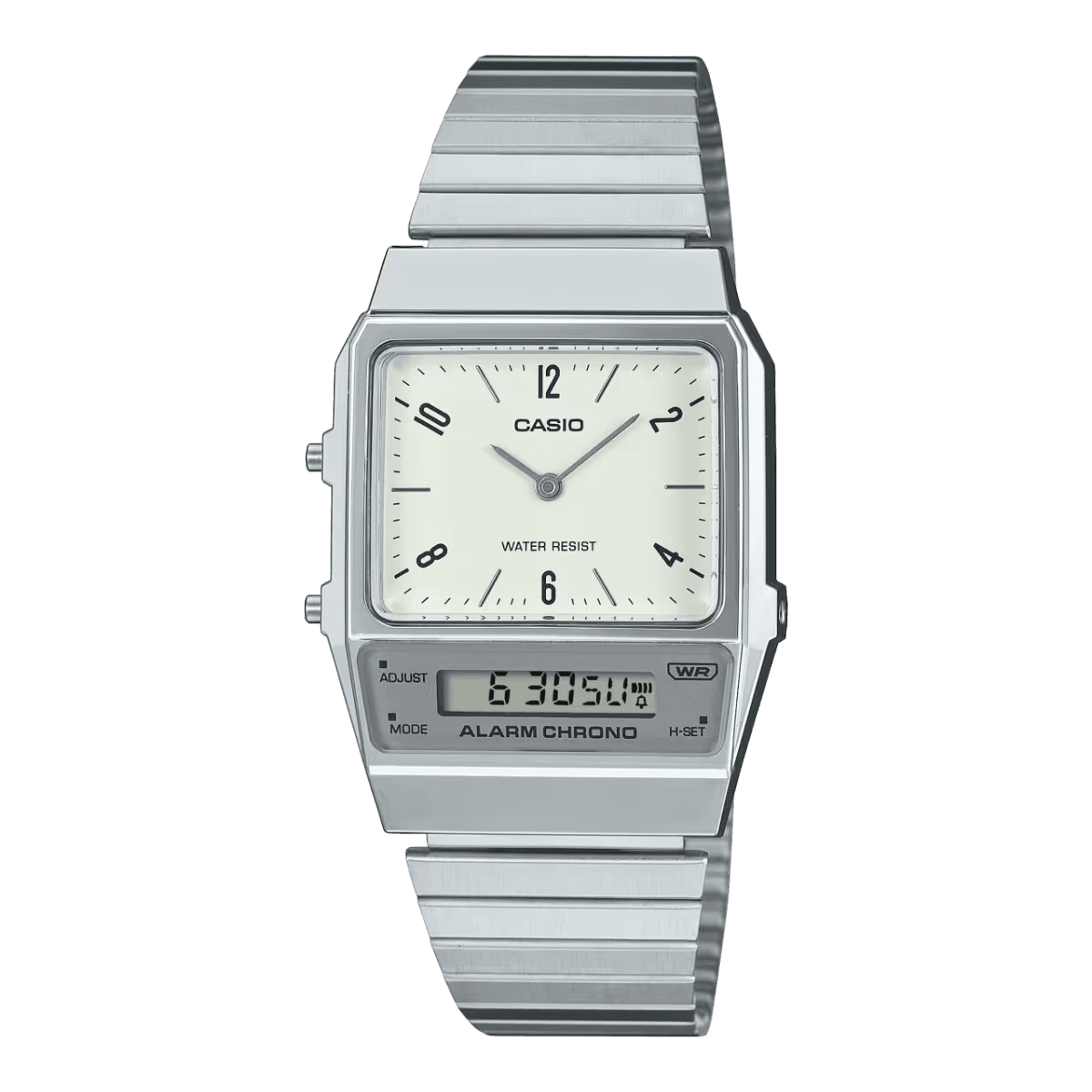 Casio Watch Vintage White Grey Dual Time Steel Flat Link AQ-800E-7A2DF