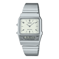 Thumbnail for Casio Watch Vintage White Grey Dual Time Steel Flat Link AQ-800E-7A2DF