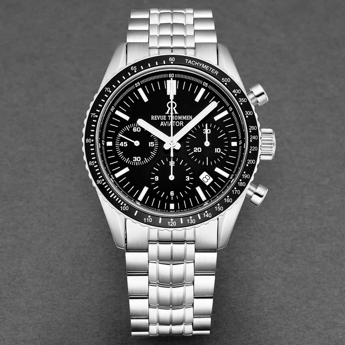 Revue Thommen Aviator Men's 42mm Black Stainless Steel Chronograph Automatic Watch 17000.6137
