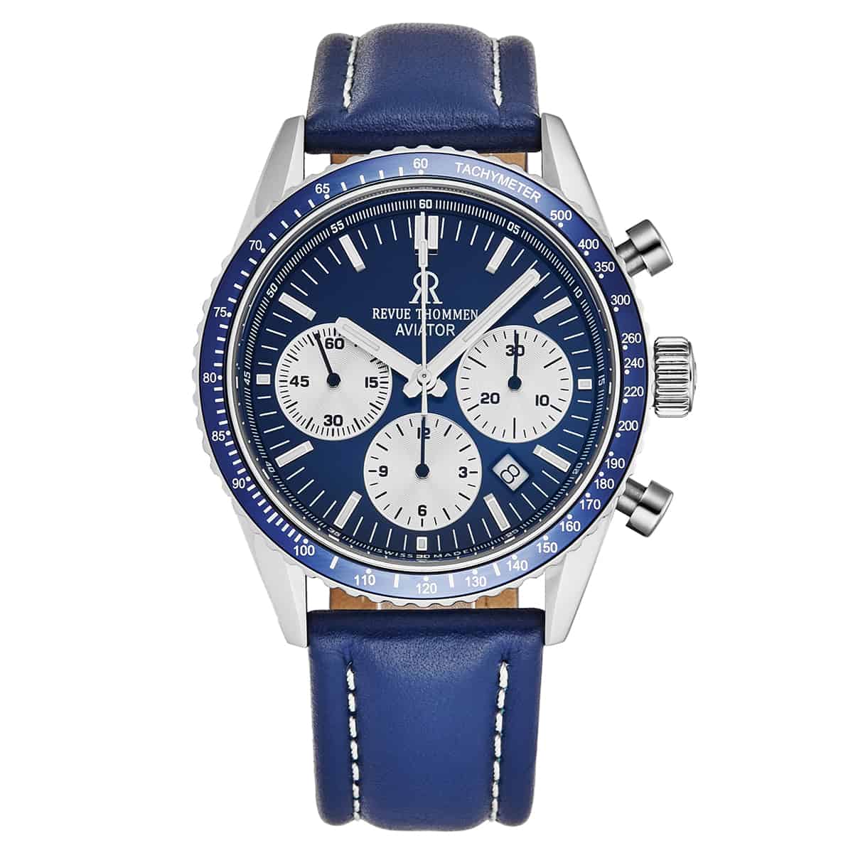 Revue Thommen Aviator Men's 42mm Blue Leather Chronograph Automatic Watch