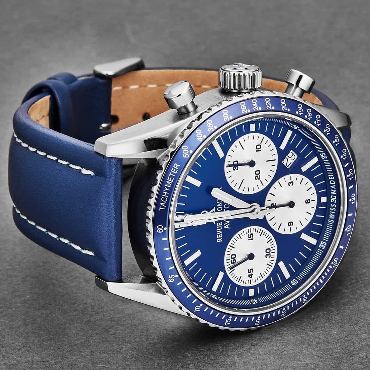 Revue Thommen Aviator Men's 42mm Blue Leather Chronograph Automatic Watch