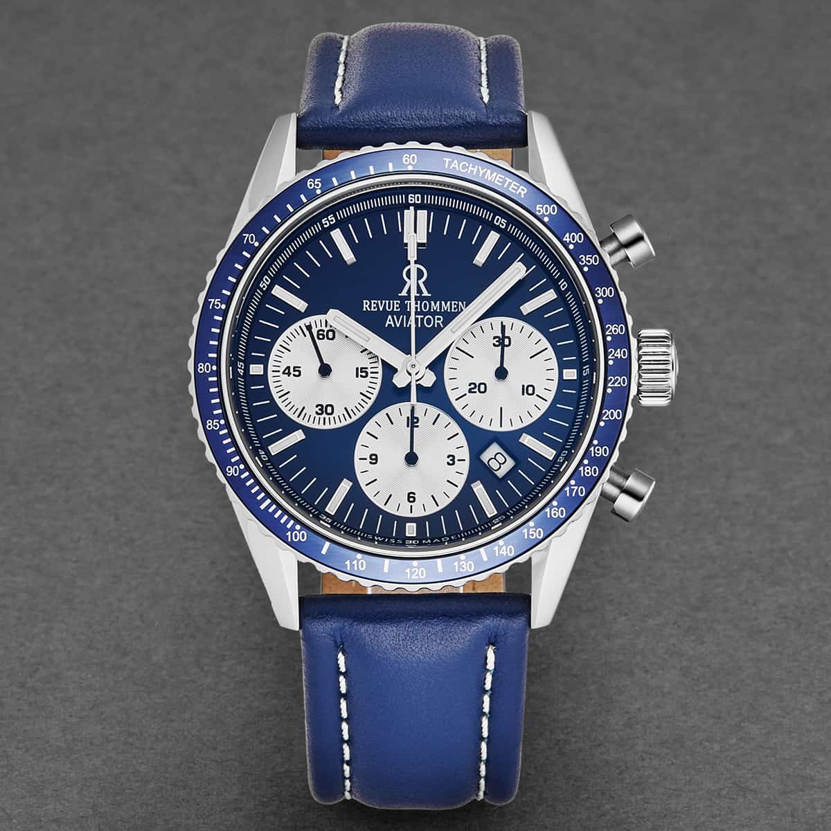 Revue Thommen Aviator Men's 42mm Blue Leather Chronograph Automatic Watch