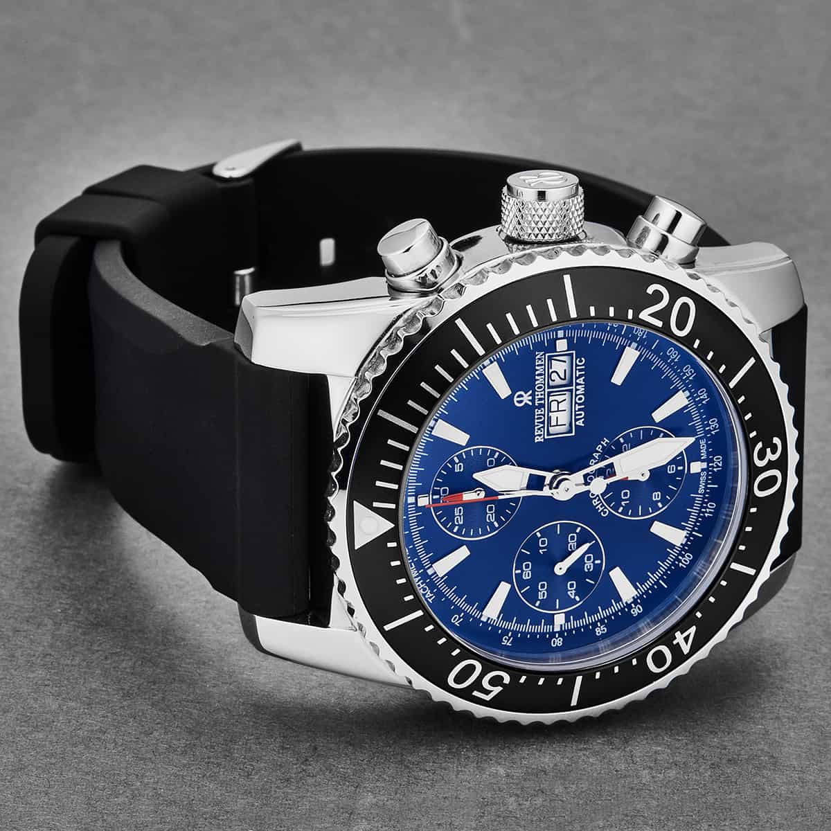 Revue Thommen Diver Men's 46mm Blue Rubber Chronograph Automatic Watch