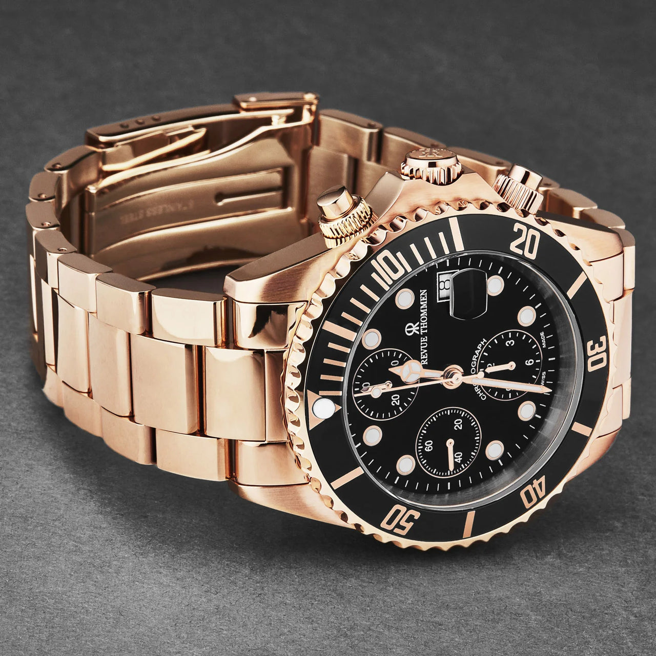Revue Thommen Diver Men's 42mm Black Rose Gold Chronograph Automatic Watch