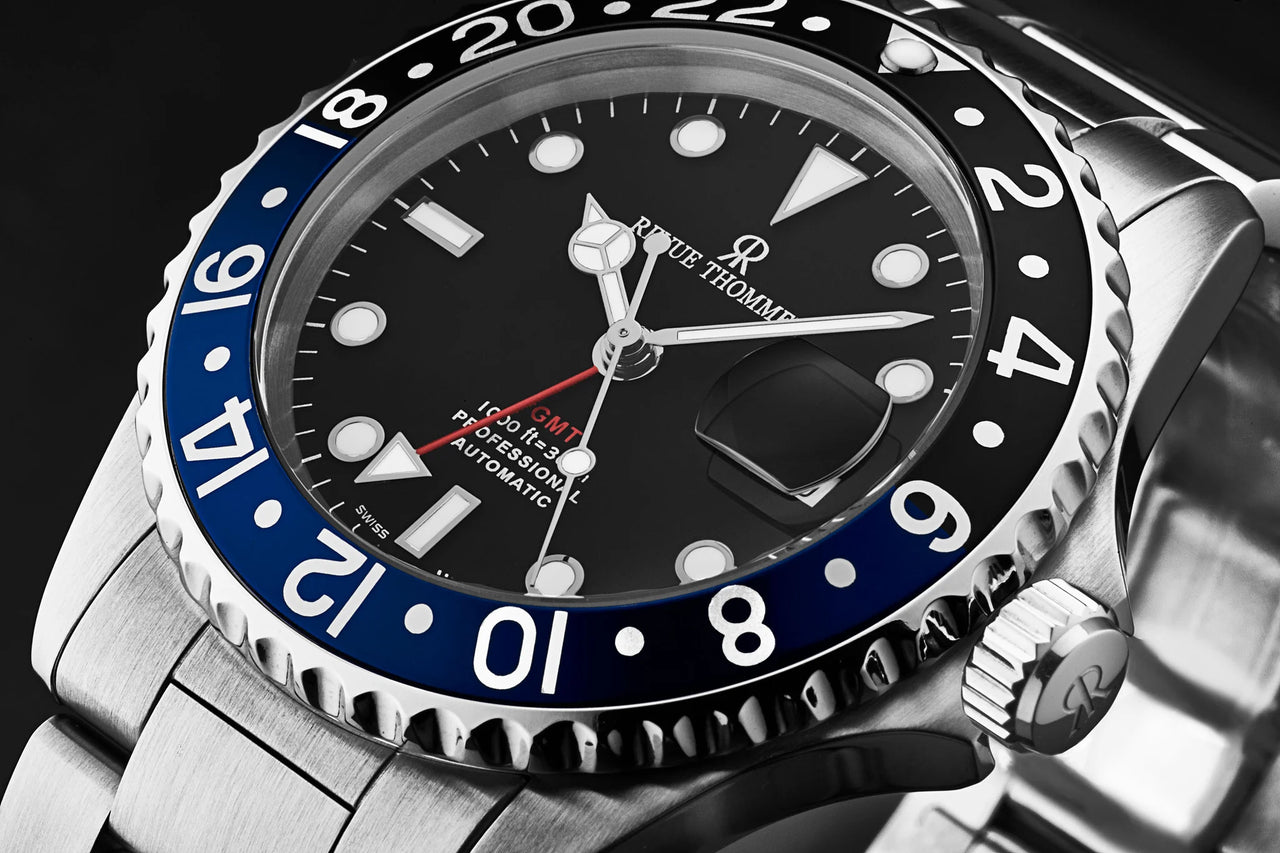 Revue Thommen Diver Men's 42mm Black Dial Black and Blue Bezel GMT Automatic Watch