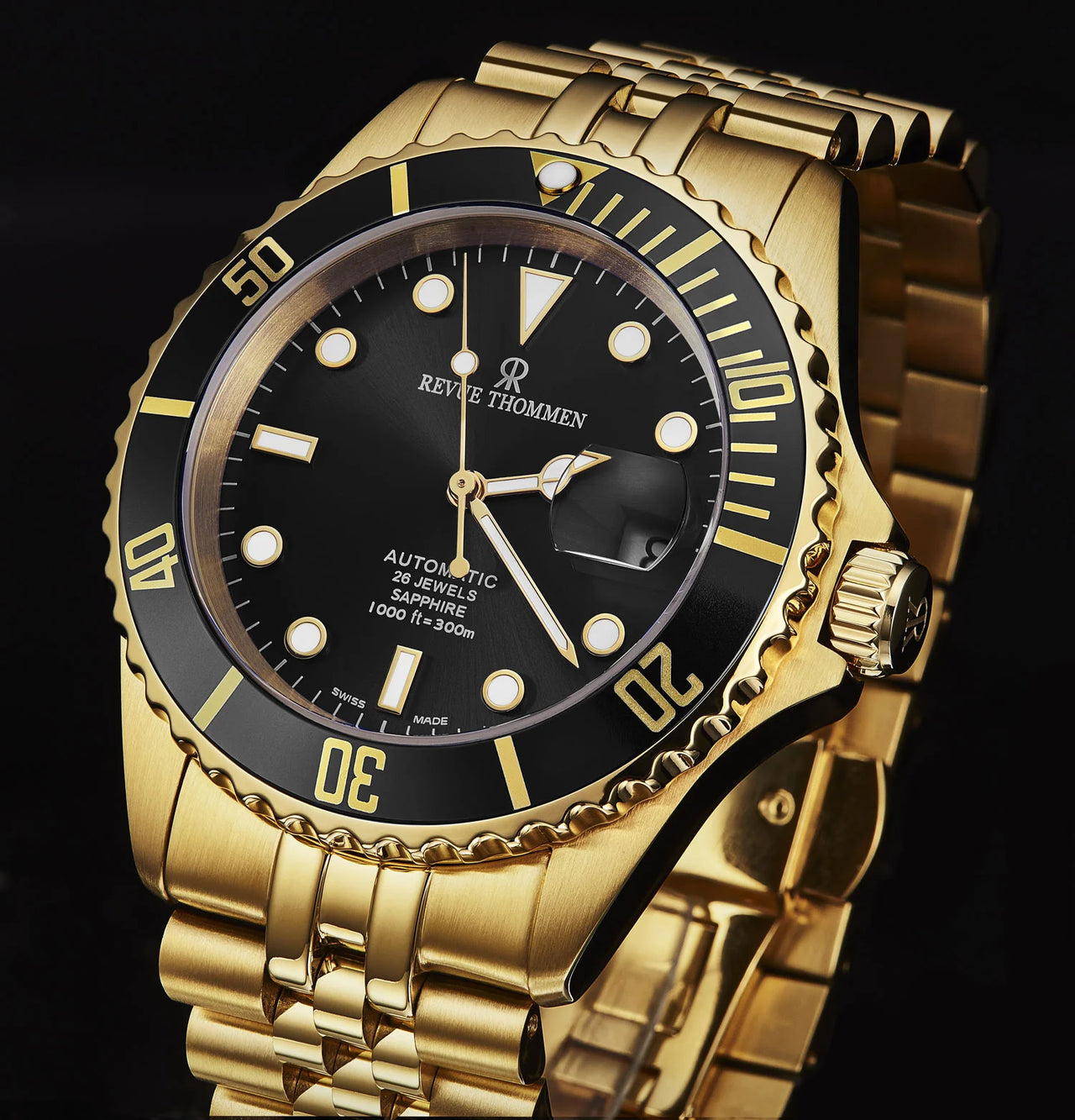 Revue Thommen Diver Men's 42mm Black Gold Automatic Watch