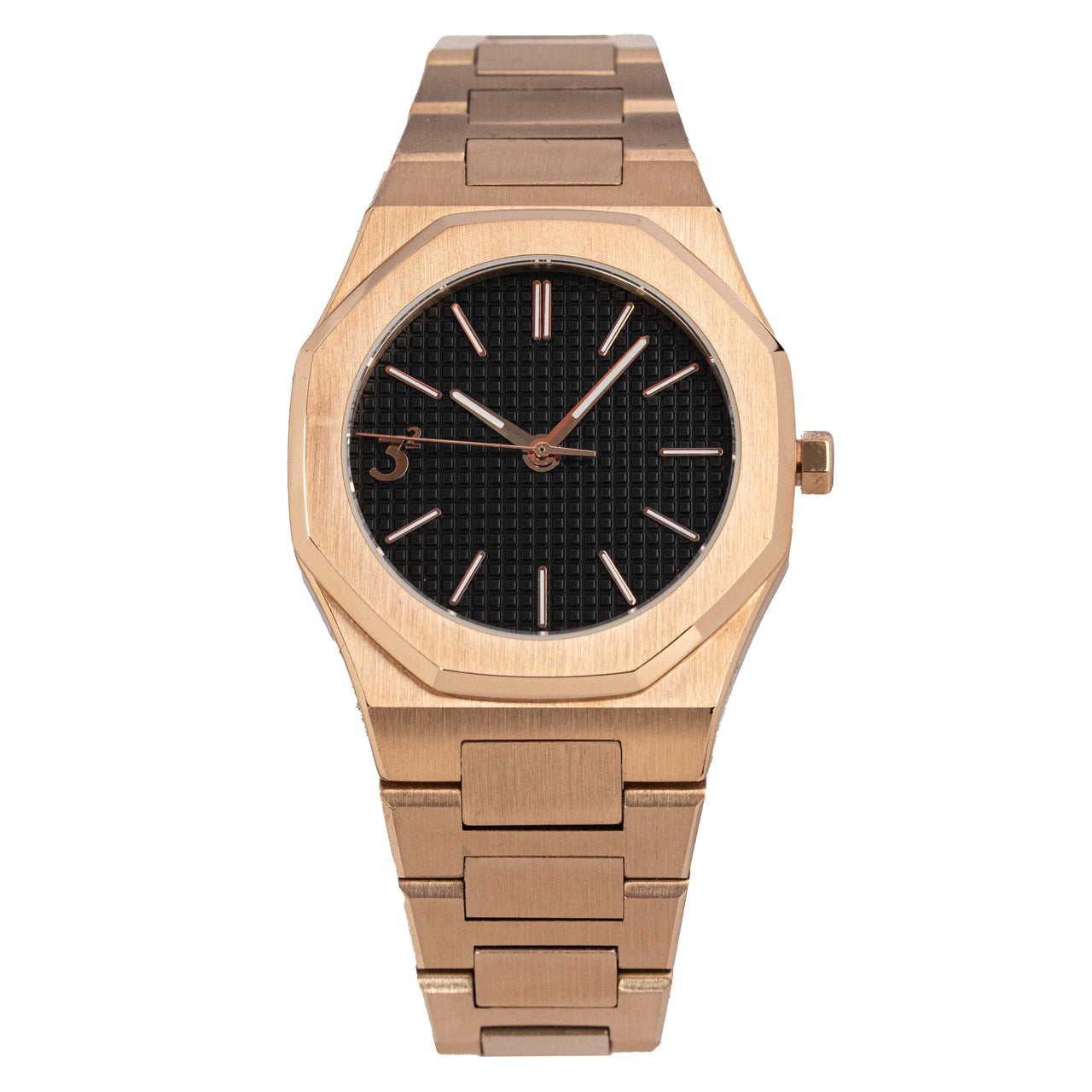 Three Square Quartz Men's Rose Gold Black Stainless Steel Watch