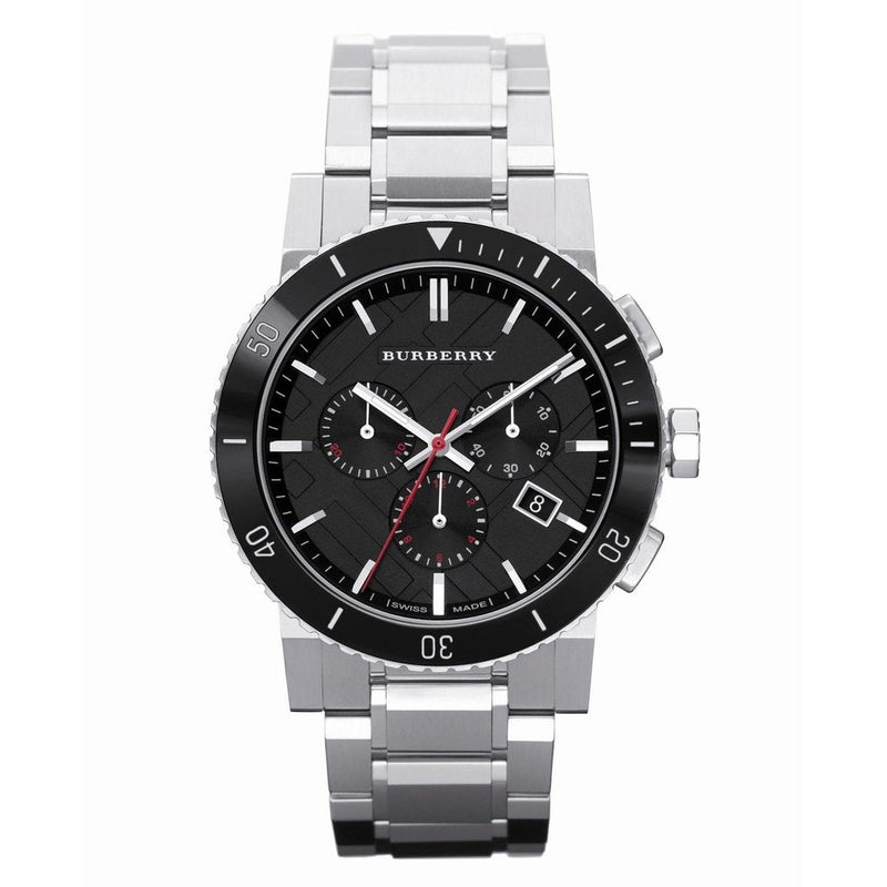 Burberry The City men's chronograph watch with black dial and steel bracelet