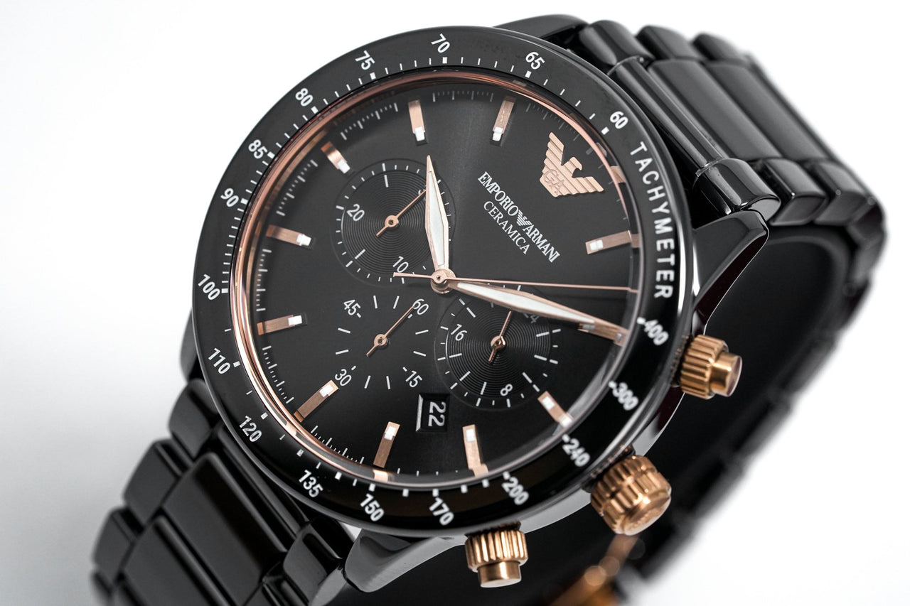 Emporio Crystals Watches Men\'s Chronograph AR70002 – & Mario Ceramic Armani Watch