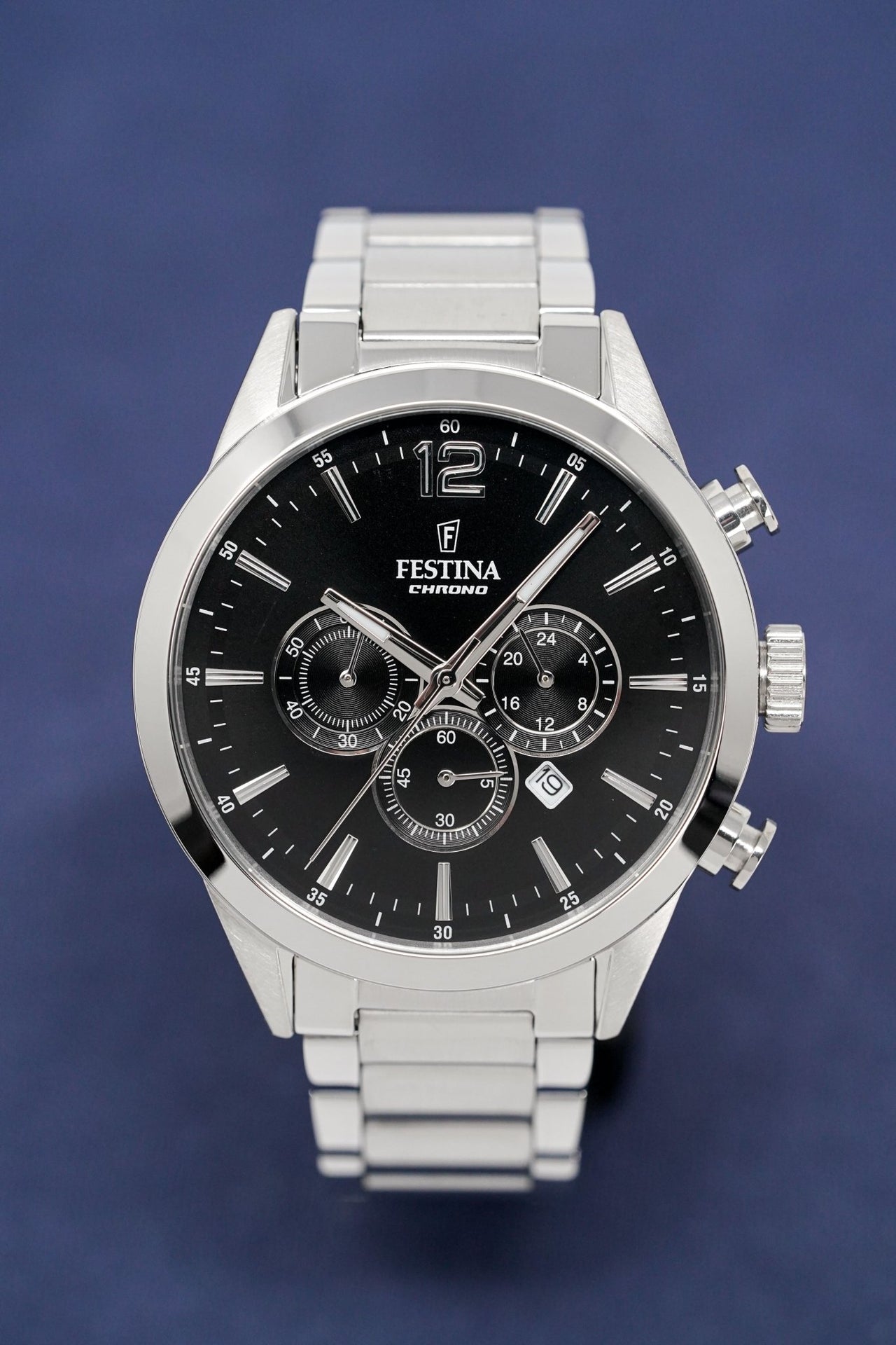 & Watches Black Crystals F20343-8 Chrono – Stainless Watch Timeless Festina Steel