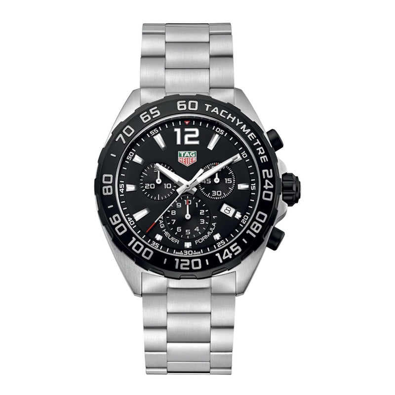TAG Heuer Formula 1 men's chronograph watch with black dial and brushed steel bracelet